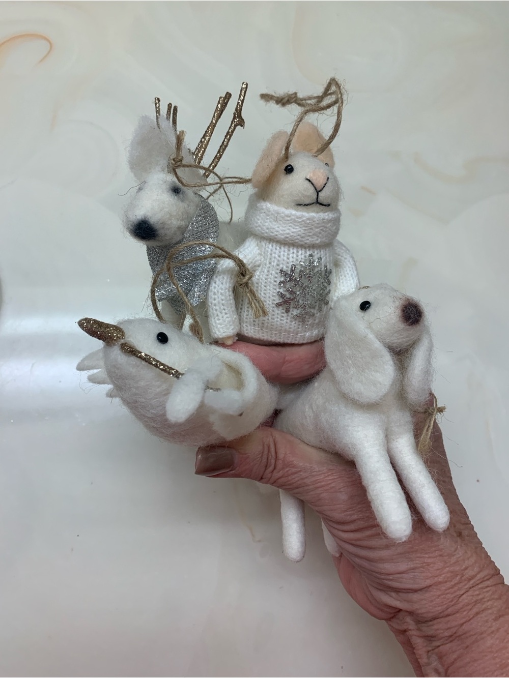 Handmade Wool Felt Small Animal Ornaments - White & Cream